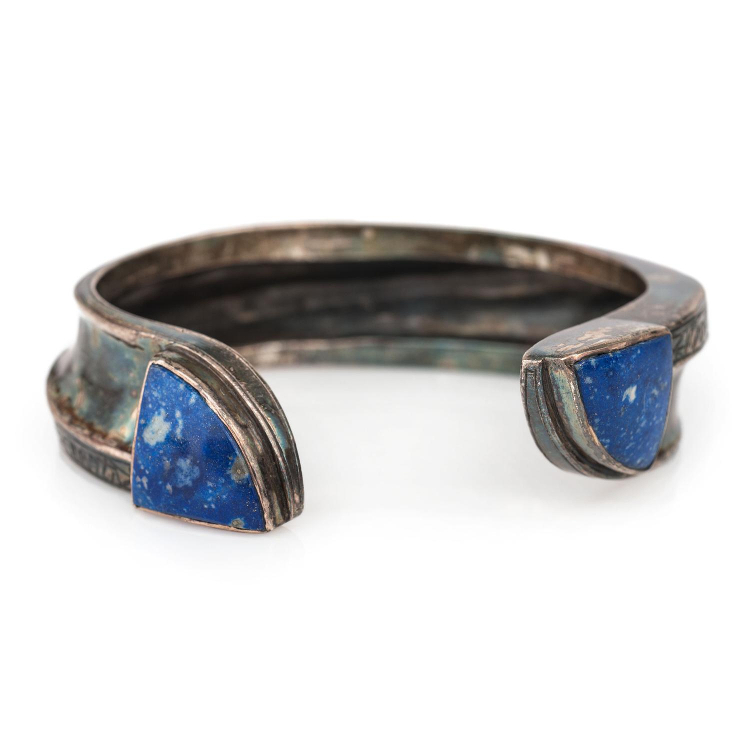 Southwestern-Style Silver and Sodalite Cuff Bracelet, with Syllabics