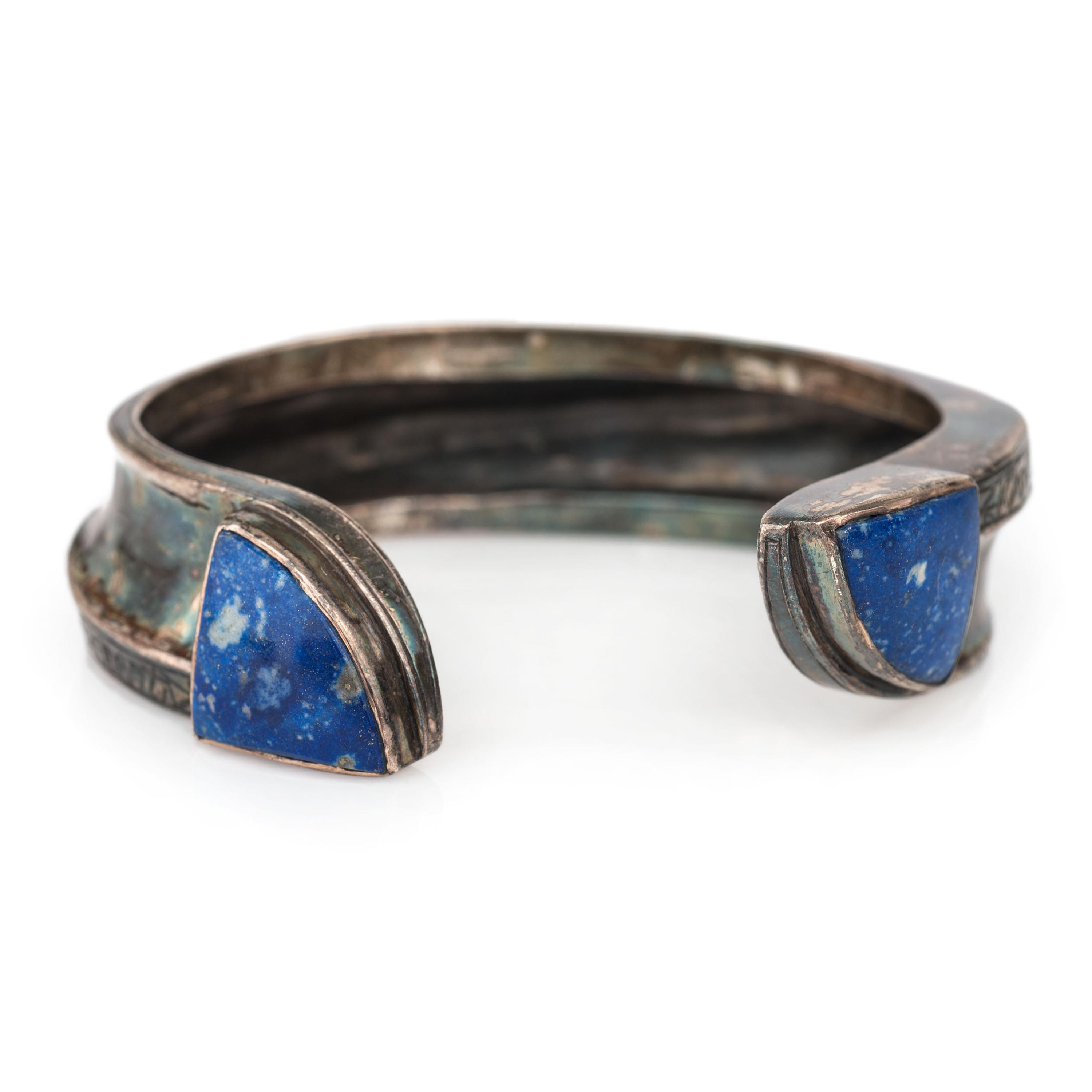 Southwestern-Style Silver and Sodalite Cuff Bracelet, with Syllabics