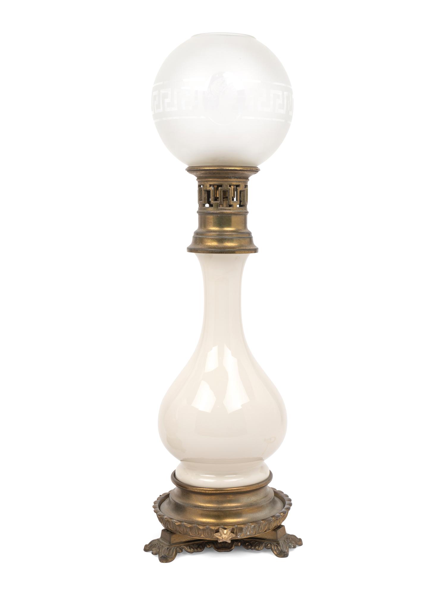 A Pair of French Opaline Glass Fluid Lamps with Etched Glass Shades Converted to Electricity