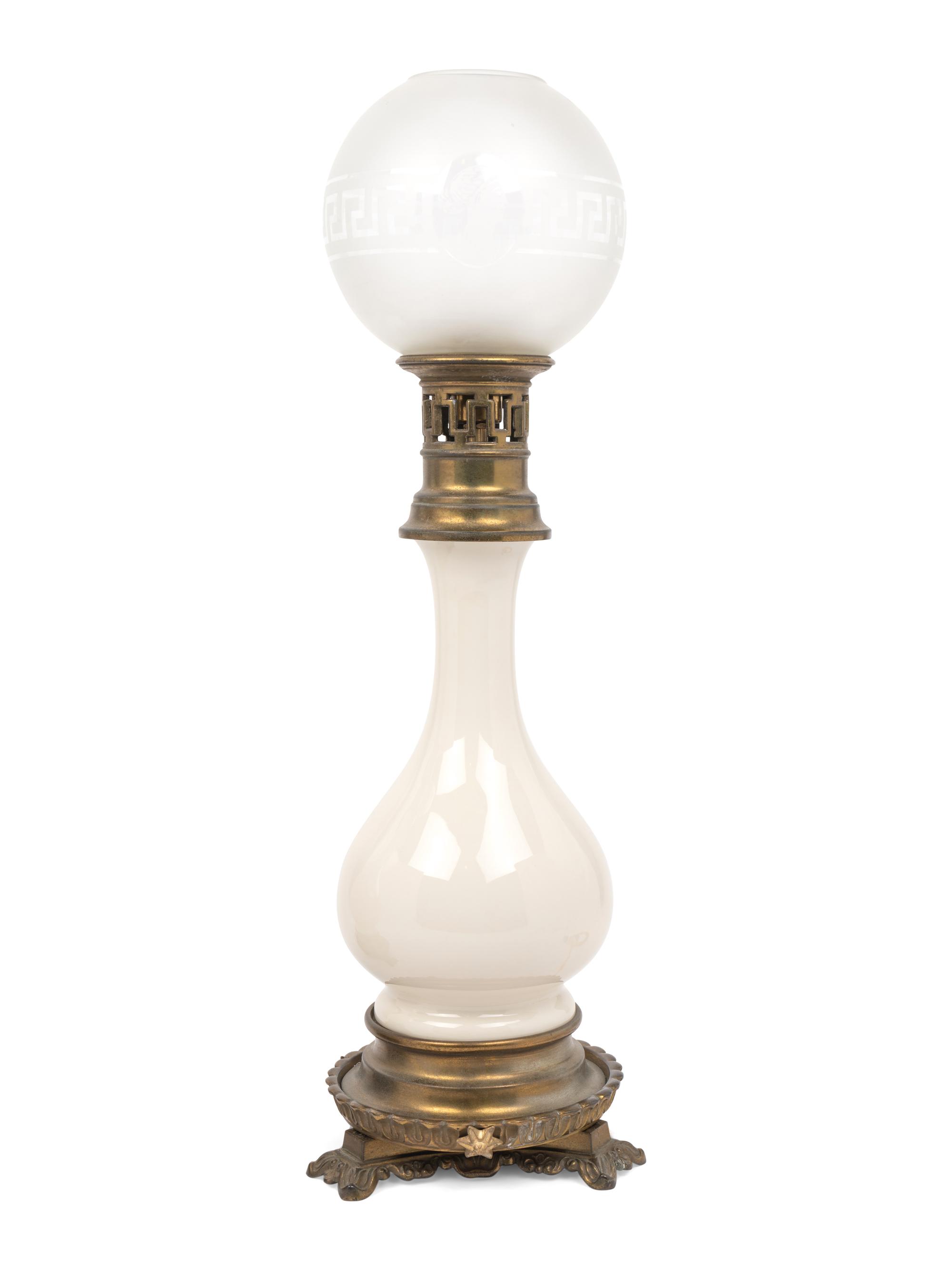 A Pair of French Opaline Glass Fluid Lamps with Etched Glass Shades Converted to Electricity