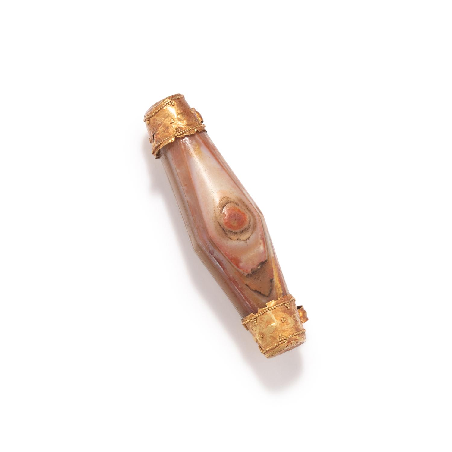 A Western Asiatic Gold and Banded Agate Bead Pendant