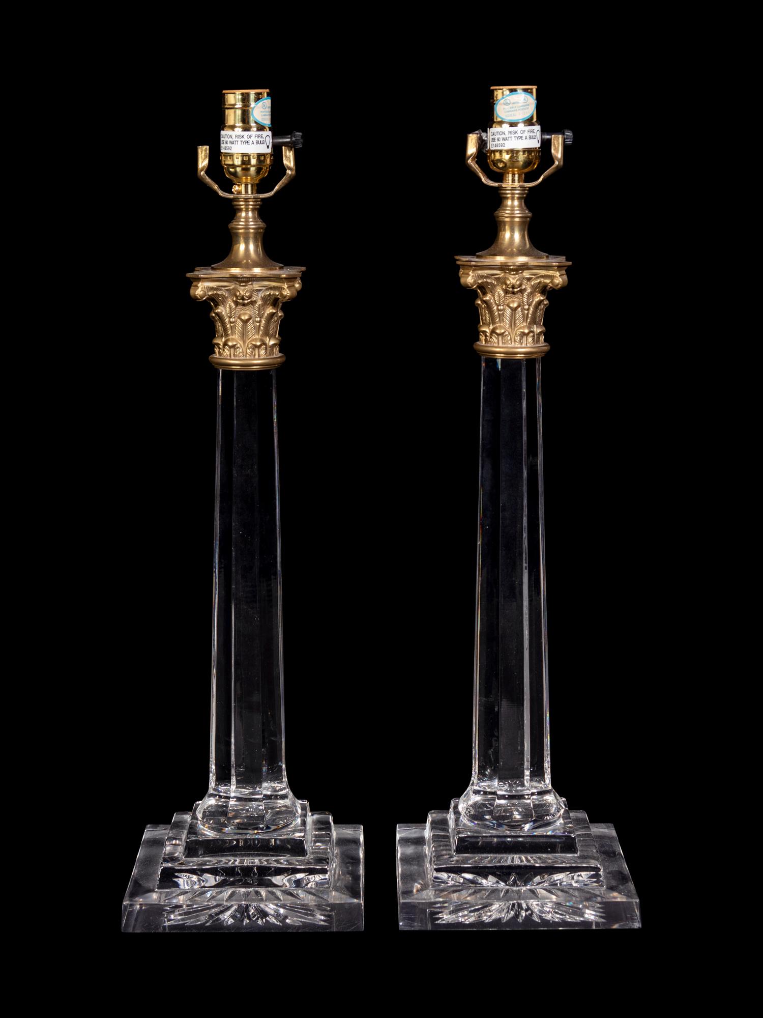 A Pair of Gilt Metal Mounted Cut Glass Columnar Lamps with Shades