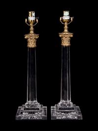 A Pair of Gilt Metal Mounted Cut Glass Columnar Lamps with Shades
