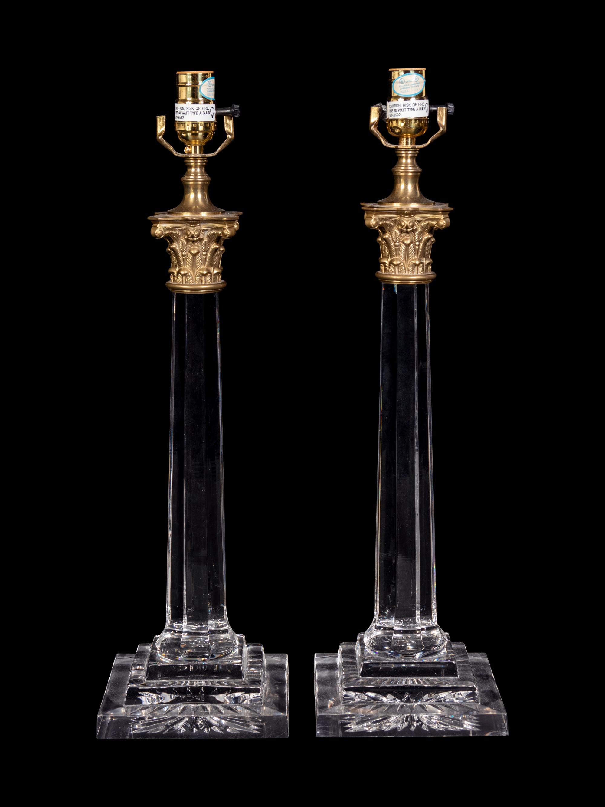 A Pair of Gilt Metal Mounted Cut Glass Columnar Lamps with Shades
