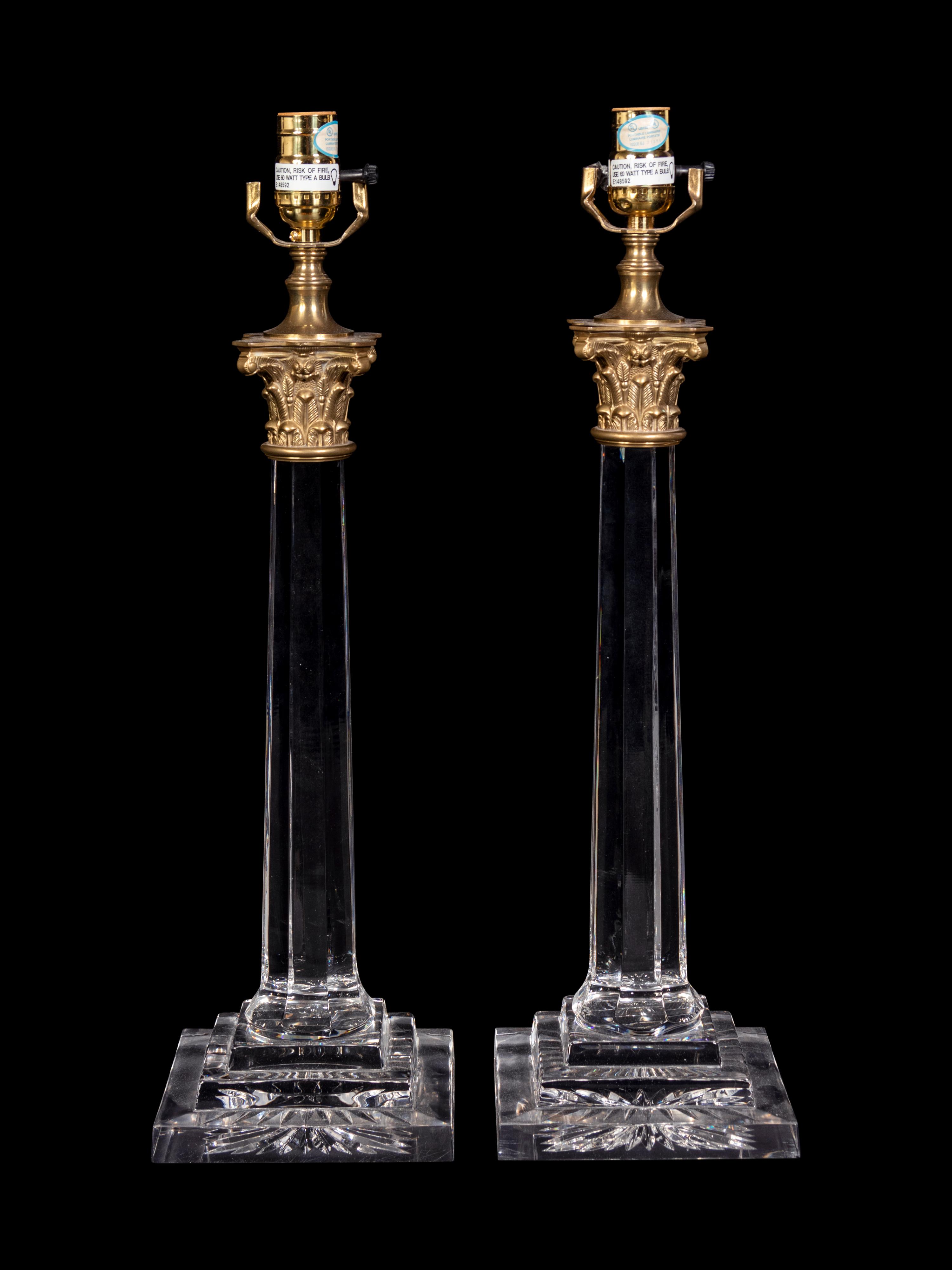 A Pair of Gilt Metal Mounted Cut Glass Columnar Lamps with Shades