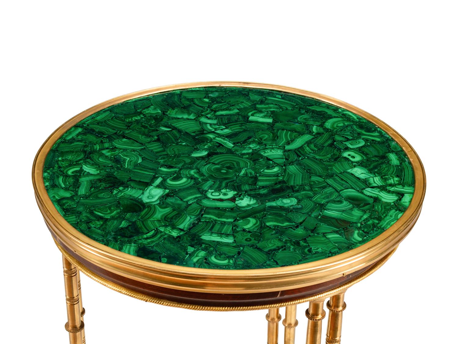 A Pair of Gilt Bronze, Mahogany and Malachite Side Tables