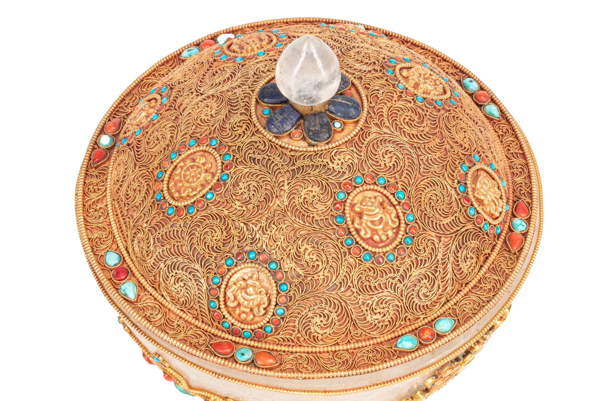A Jeweled Gilt Filigree Metal and Rock Crystal Bowl and Cover