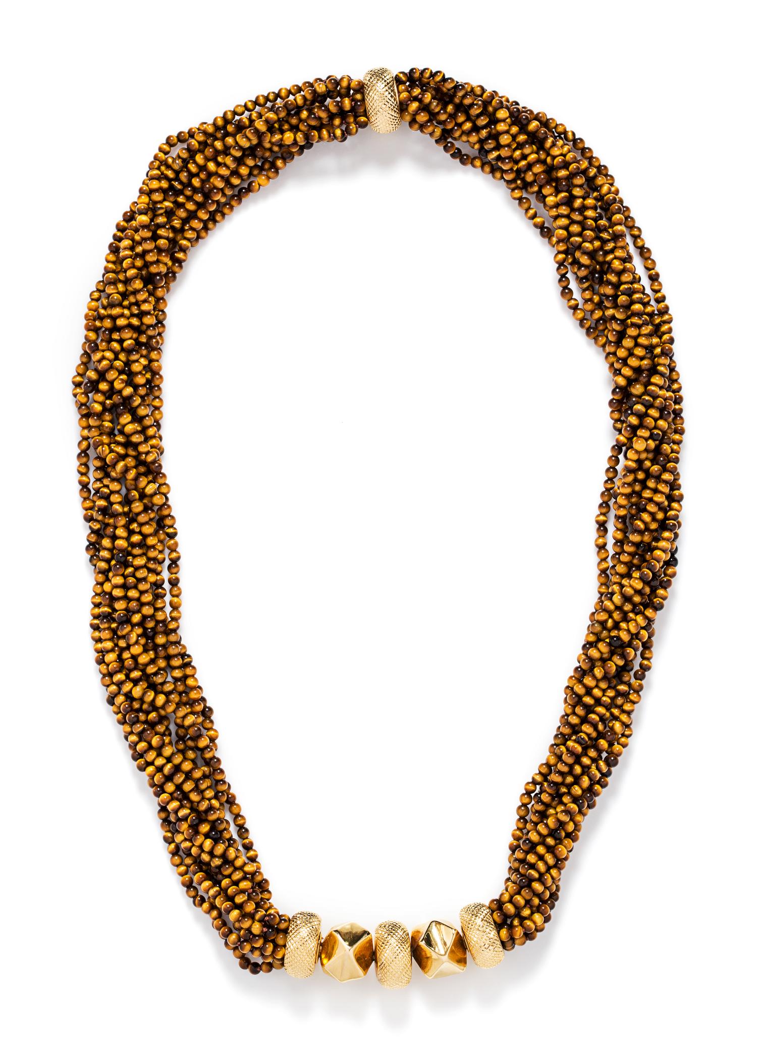 An 18 Karat Yellow Gold and Tiger's Eye Quartz Multi Strand Longchain Necklace, Van Cleef and Arpels,