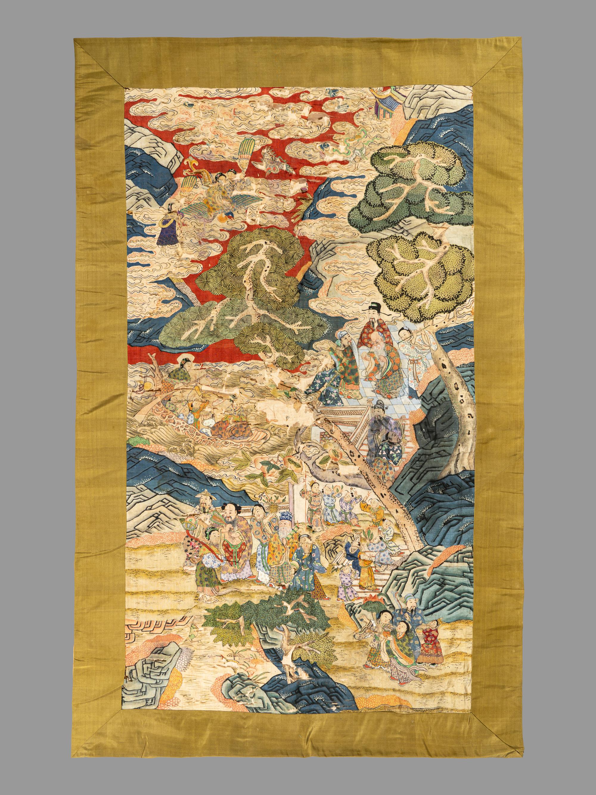 Two Large Chinese Kesi Woven Silk 'Immortal' Panels