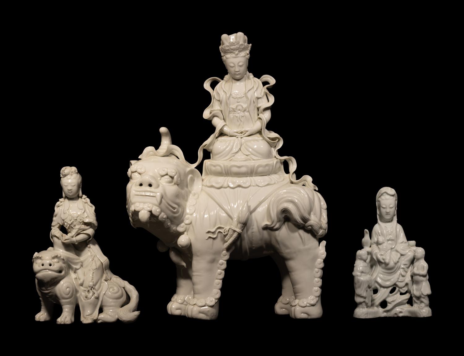 Three Chinese Dehua Blanc-de-Chine Porcelain Figures of Guanyin