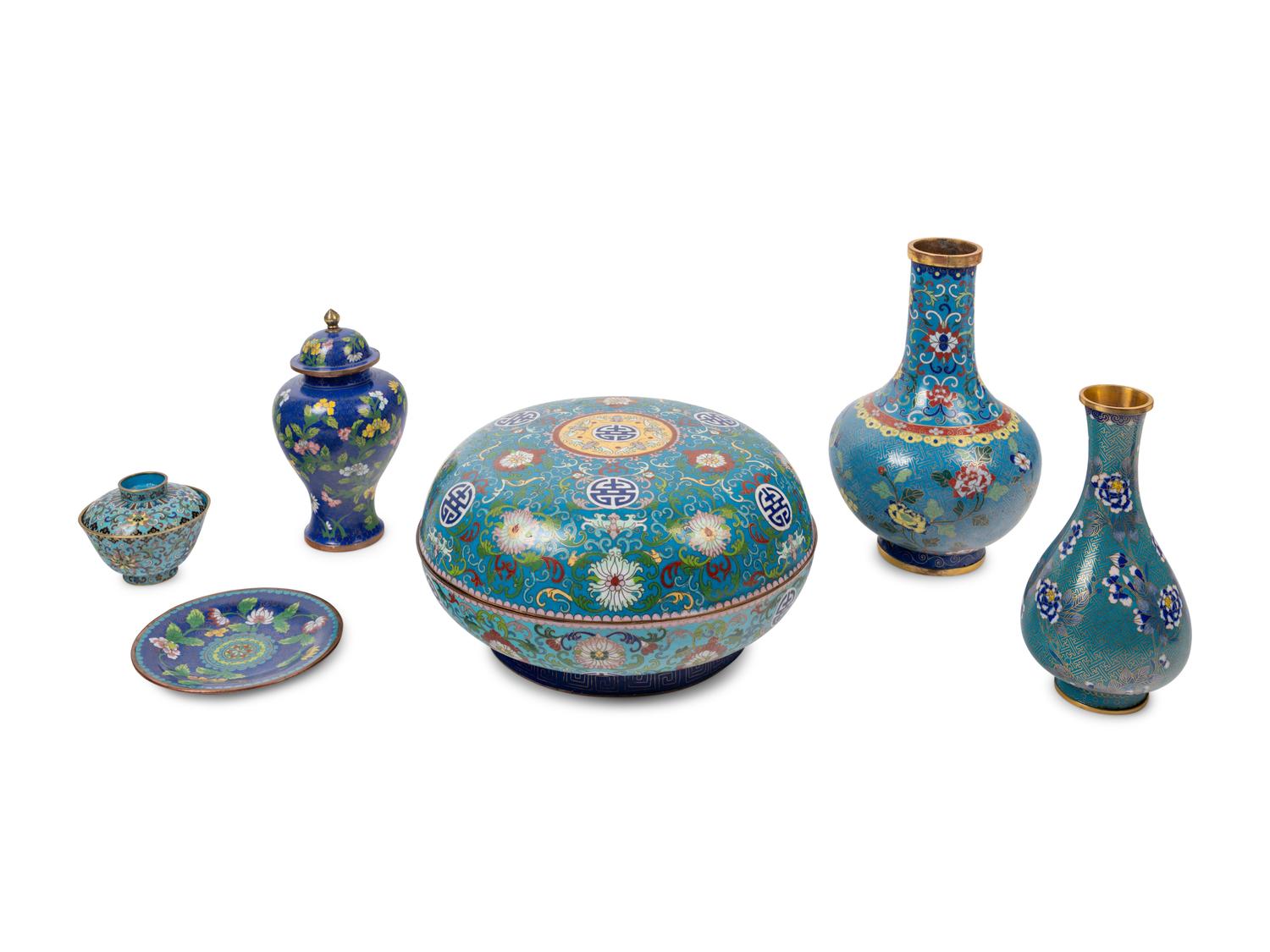 Six Chinese Blue Ground Cloisonné Enameled Vessels