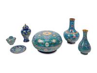 Six Chinese Blue Ground Cloisonné Enameled Vessels