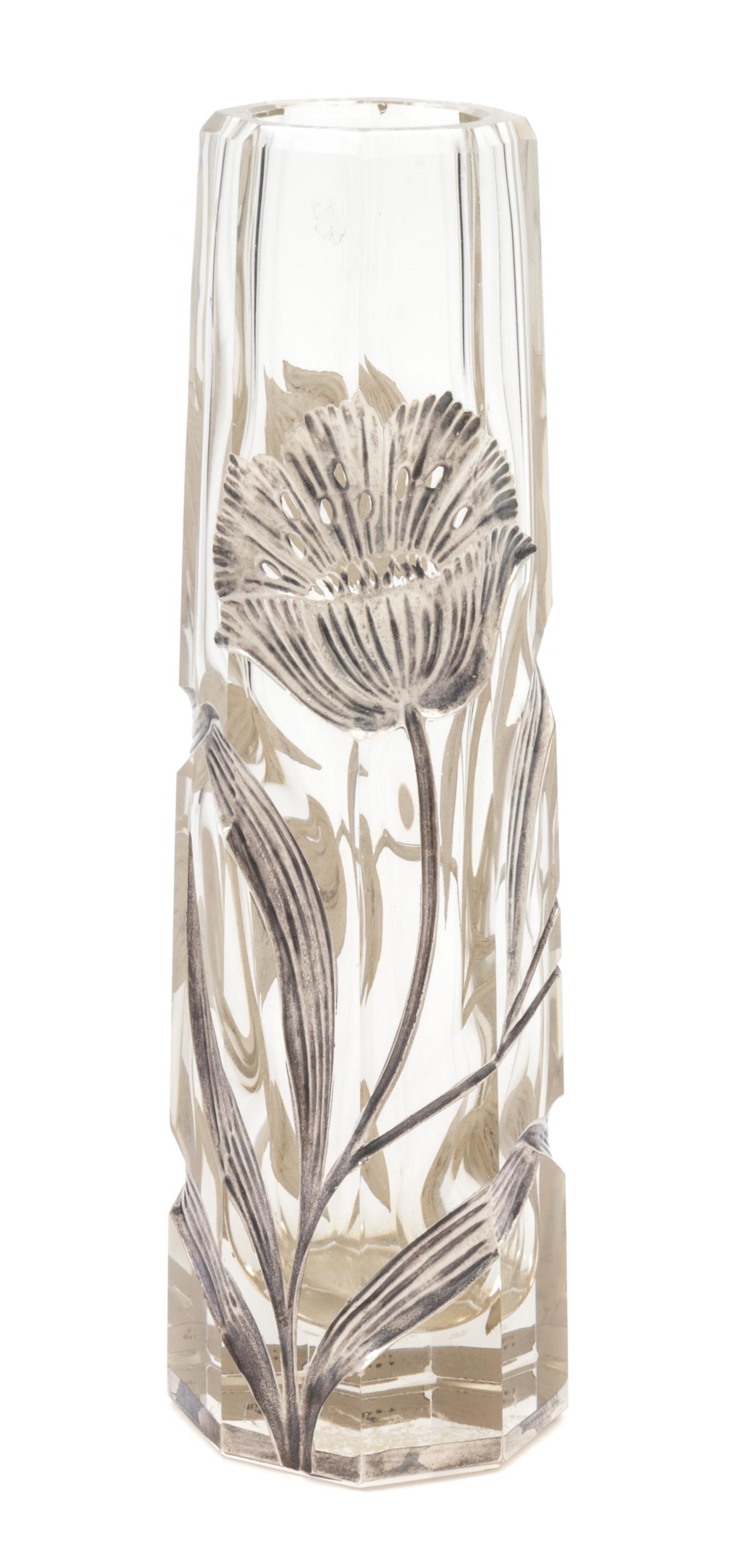 A Silver Overlay Wheel Cut Glass Vase Height 8 1/4 inches.
