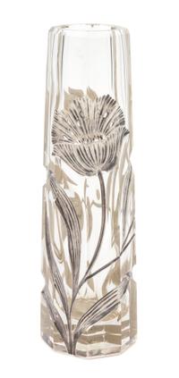 A Silver Overlay Wheel Cut Glass Vase Height 8 1/4 inches.
