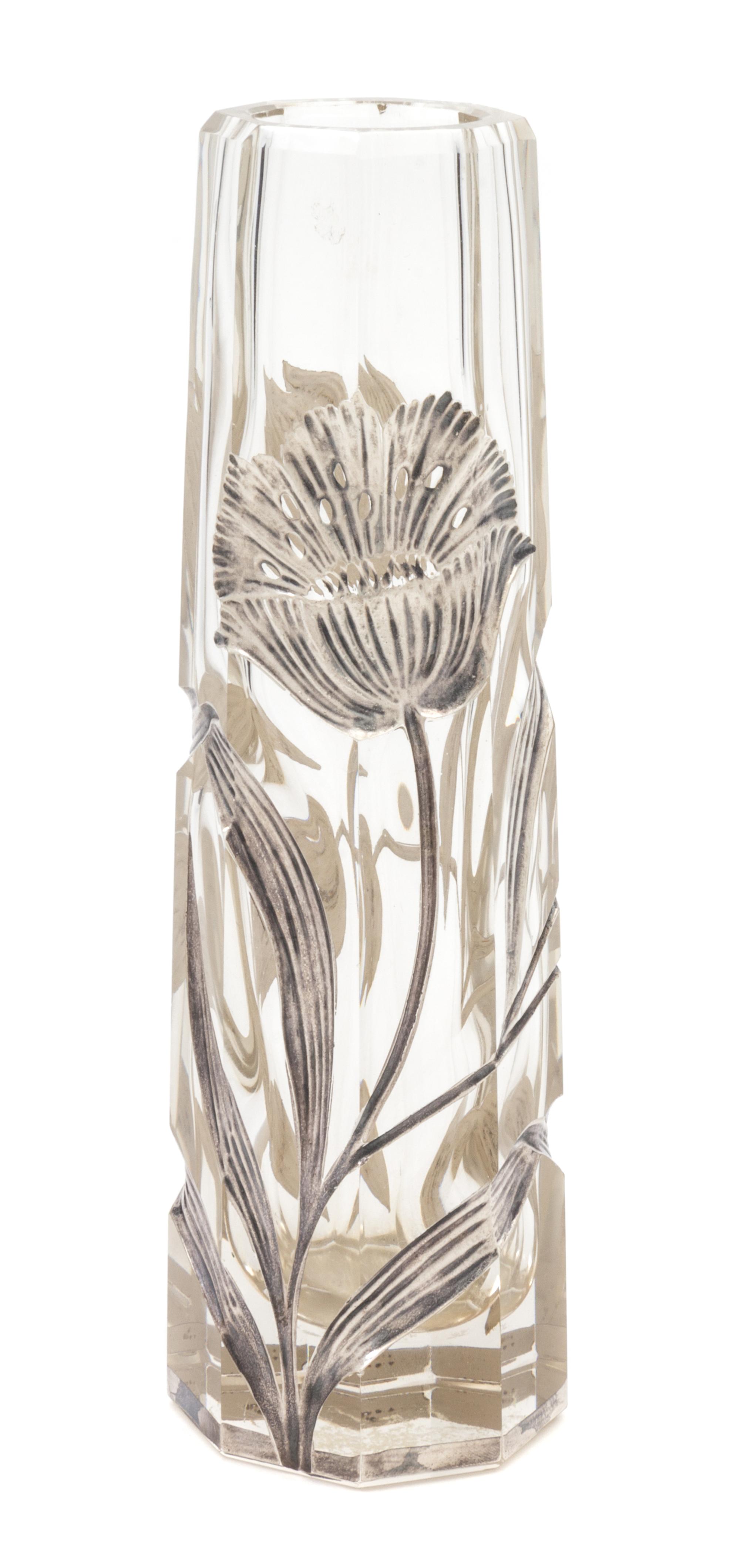 A Silver Overlay Wheel Cut Glass Vase Height 8 1/4 inches.