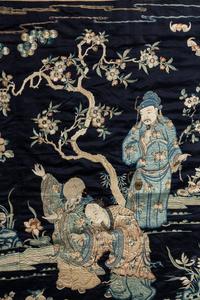 A Large Midnight Blue Satin Ground Embroidered Silk Panel