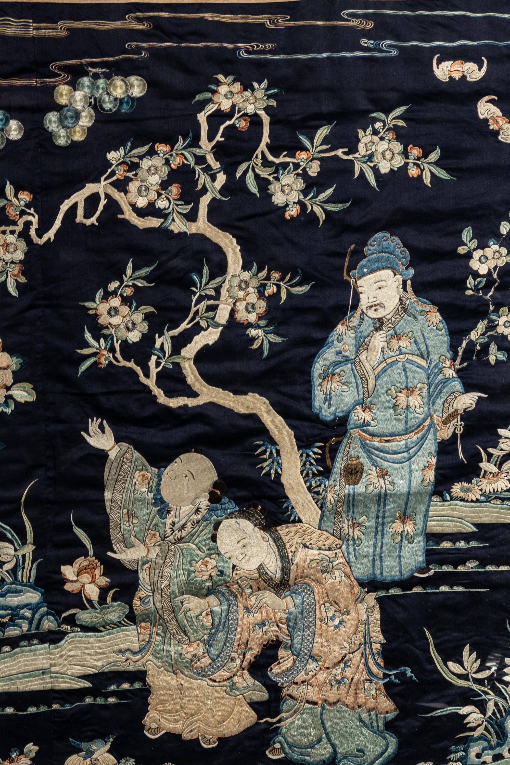 A Large Midnight Blue Satin Ground Embroidered Silk Panel