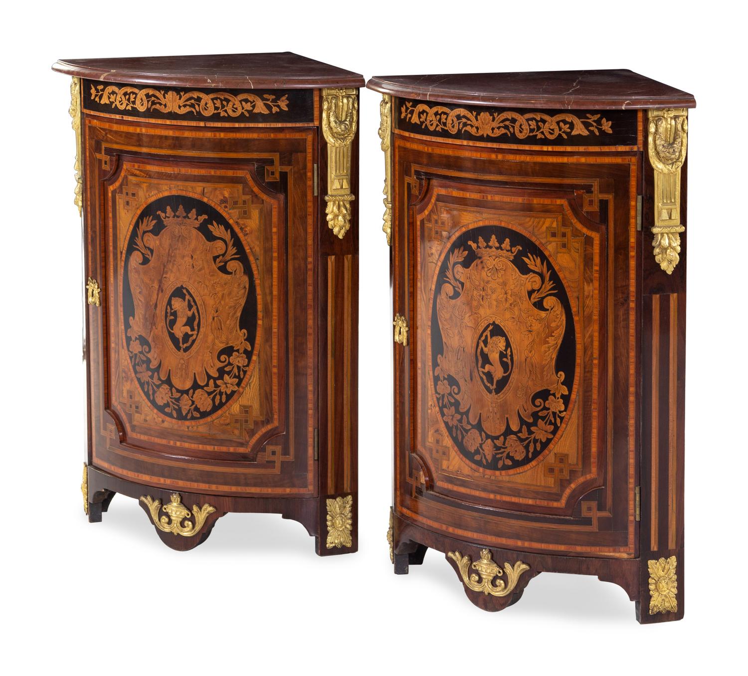 A Pair of Napoleon III Gilt Bronze Mounted Marquetry Encoignures