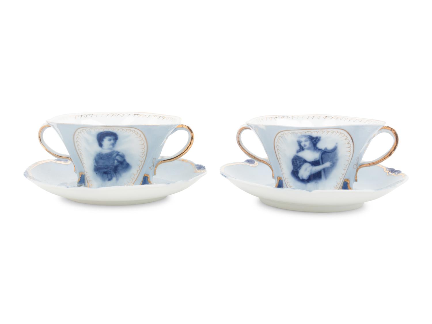 A Set of German Porcelain Teacups and Saucers