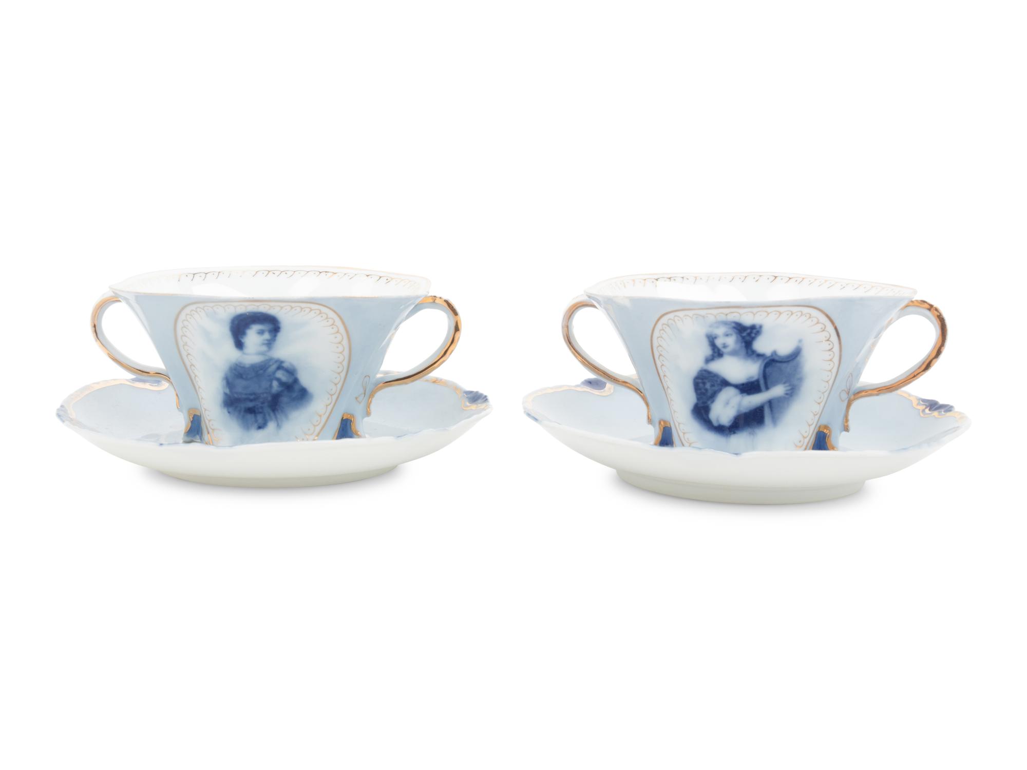 A Set of German Porcelain Teacups and Saucers