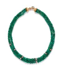 An 18 Karat Yellow Gold and Carved Emerald Bead Double Strand Necklace with Diamond Rondelles, 36.00 dwts.