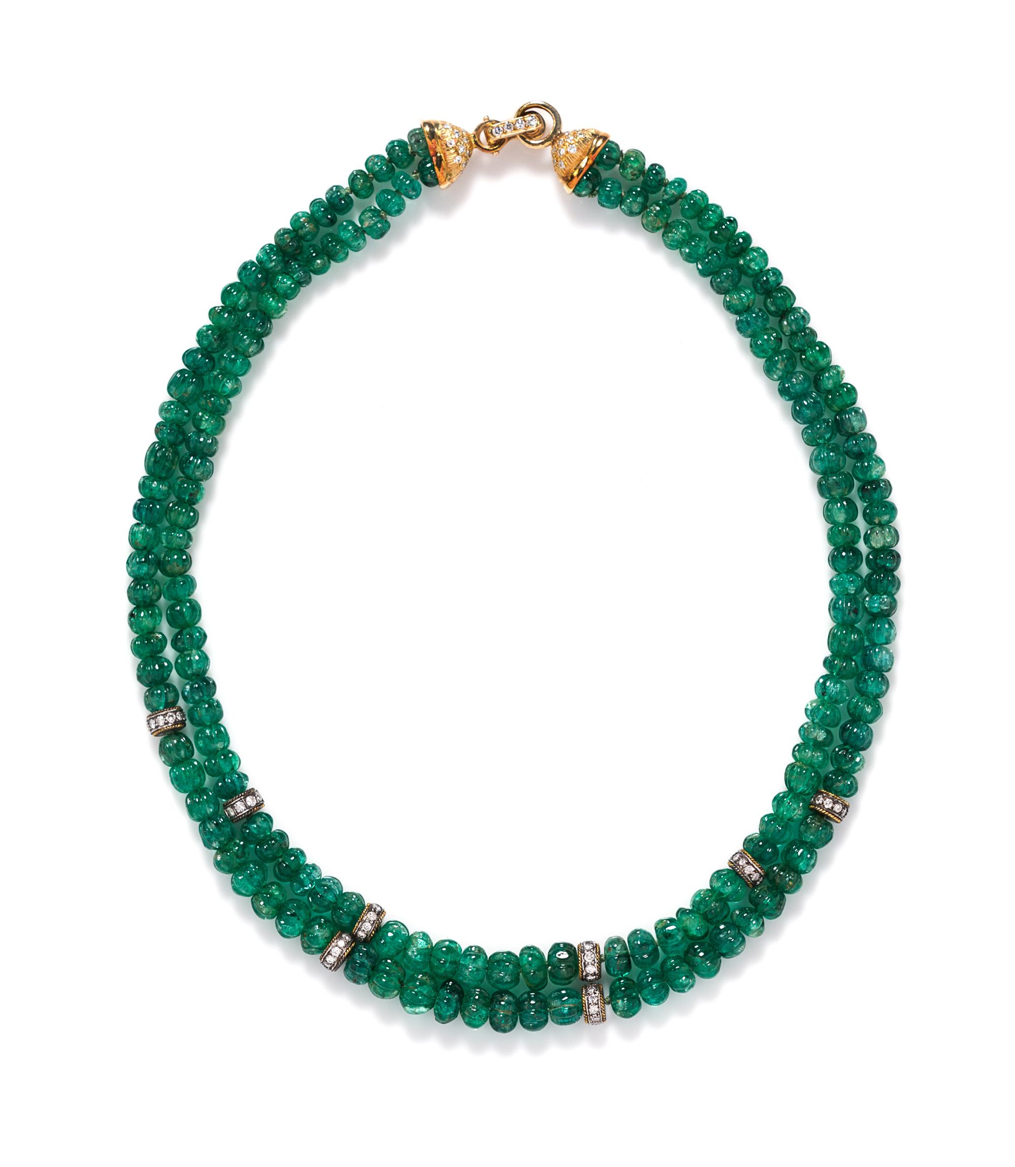 An 18 Karat Yellow Gold and Carved Emerald Bead Double Strand Necklace with Diamond Rondelles, 36.00 dwts.