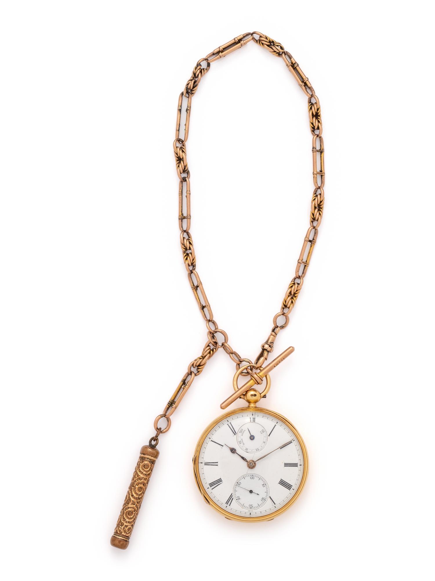 BRITISH, 18K YELLOW GOLD OPEN FACE POCKET WATCH WITH FOB CHAIN