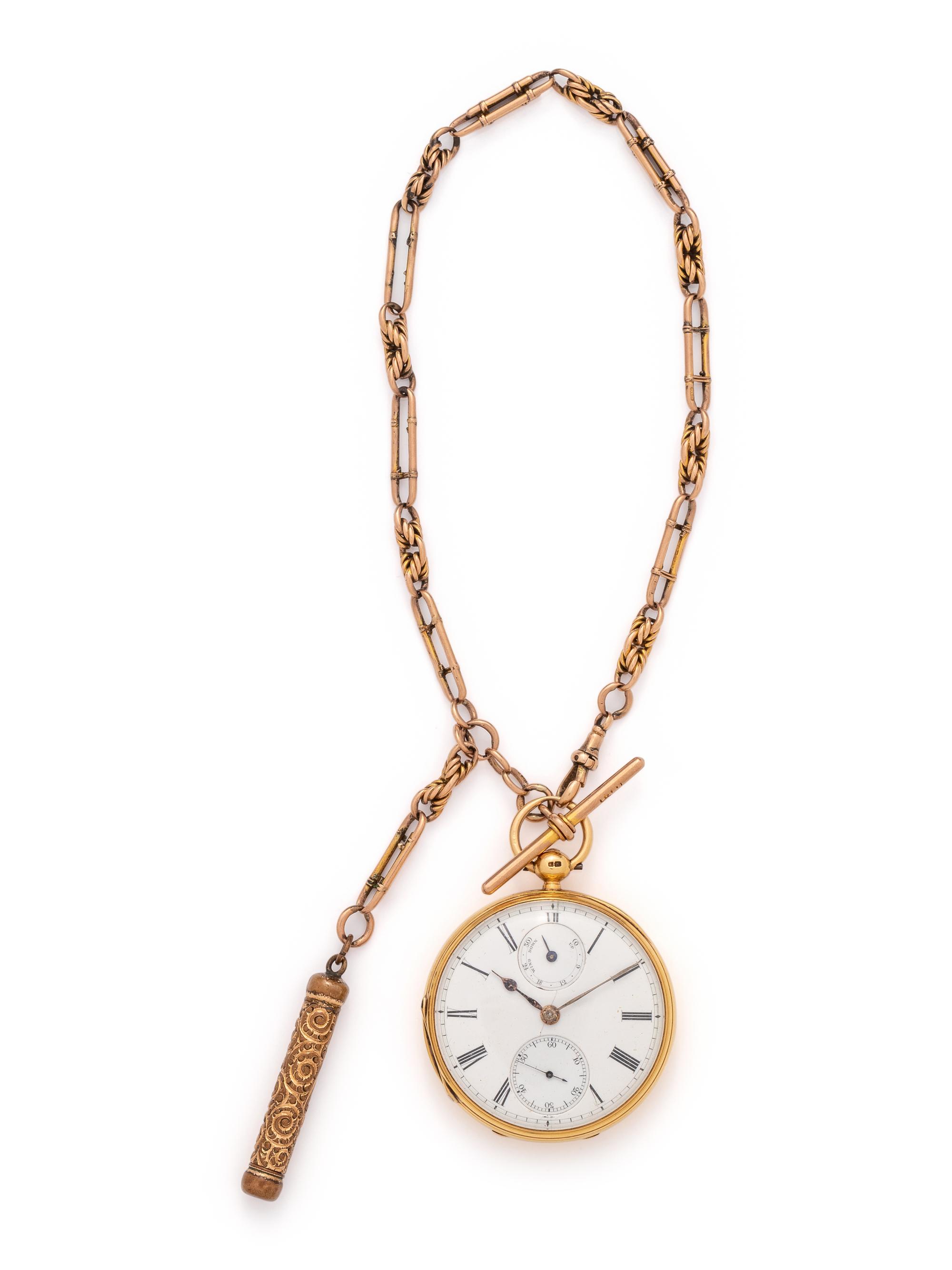 BRITISH, 18K YELLOW GOLD OPEN FACE POCKET WATCH WITH FOB CHAIN