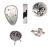 A Collection of Silver, Copper, 18 Karat Gold and Hardwood Brooches and Tie Bar, 28.70 dwts.