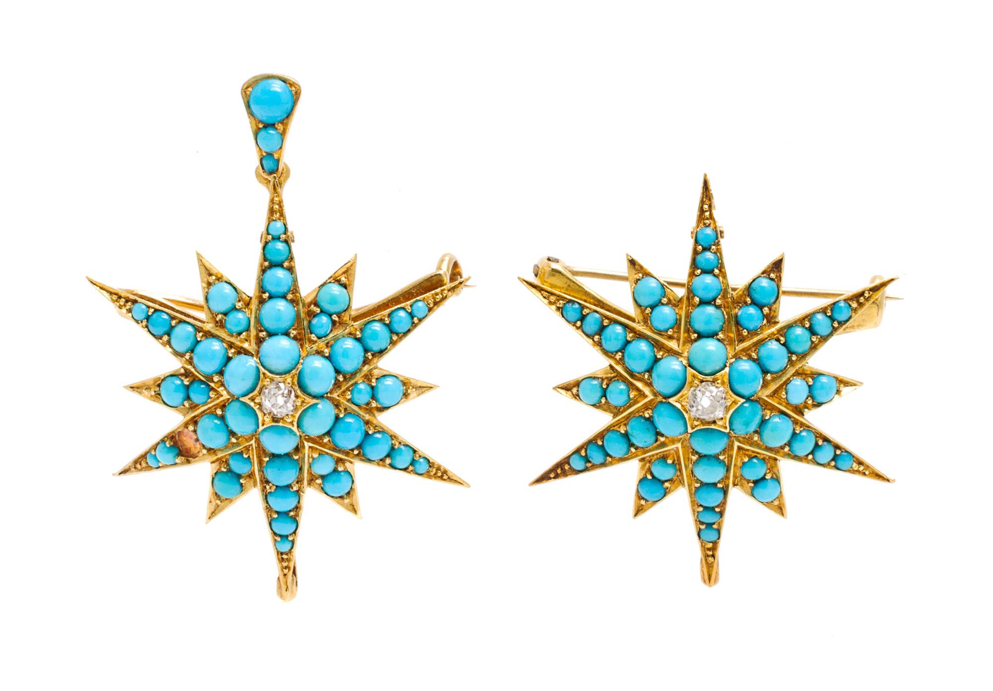 A Pair of Antique Yellow Gold, Turquoise and Diamond Pendant/Brooches, 11.70 dwts.