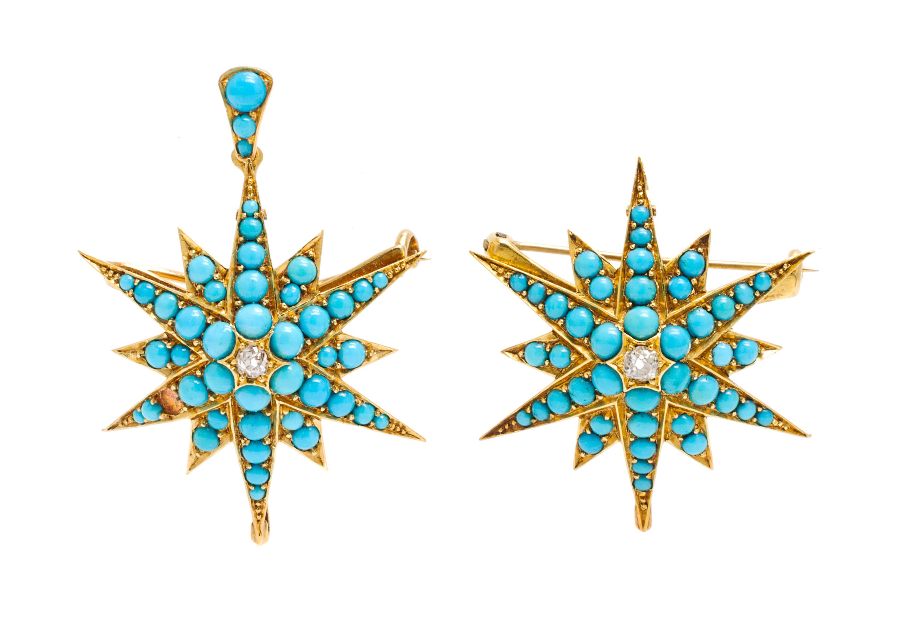 A Pair of Antique Yellow Gold, Turquoise and Diamond Pendant/Brooches, 11.70 dwts.