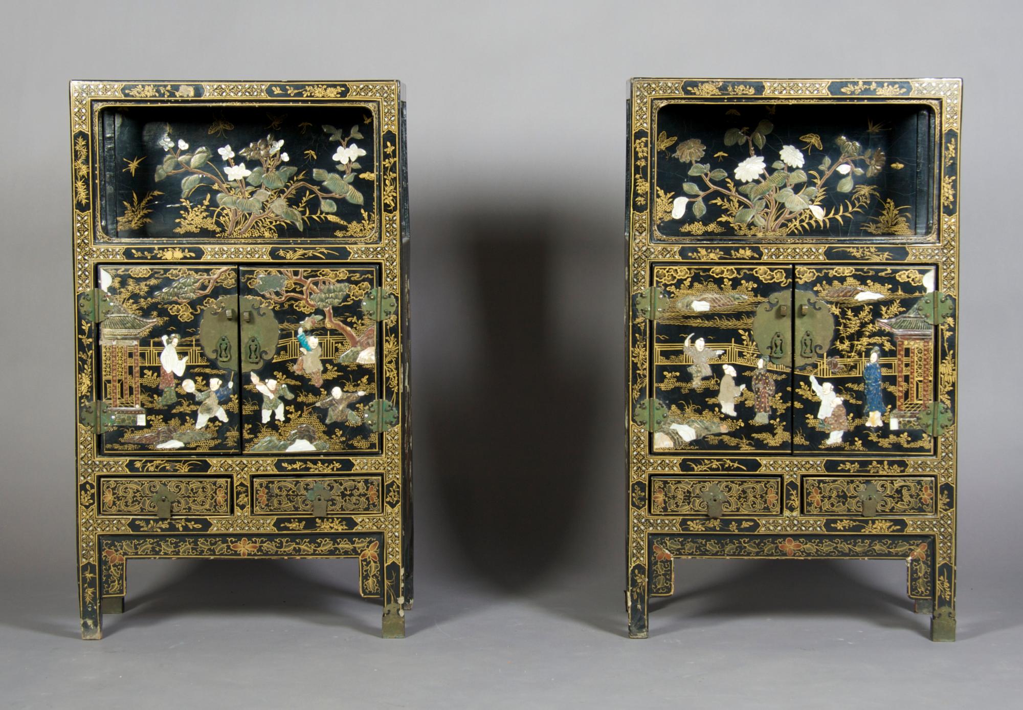 A Pair of Chinese Hardstone and Mother-of-Pearl Inset Cabinets, Height 37 1/2 x width 22 1/4 x depth 11 inches.