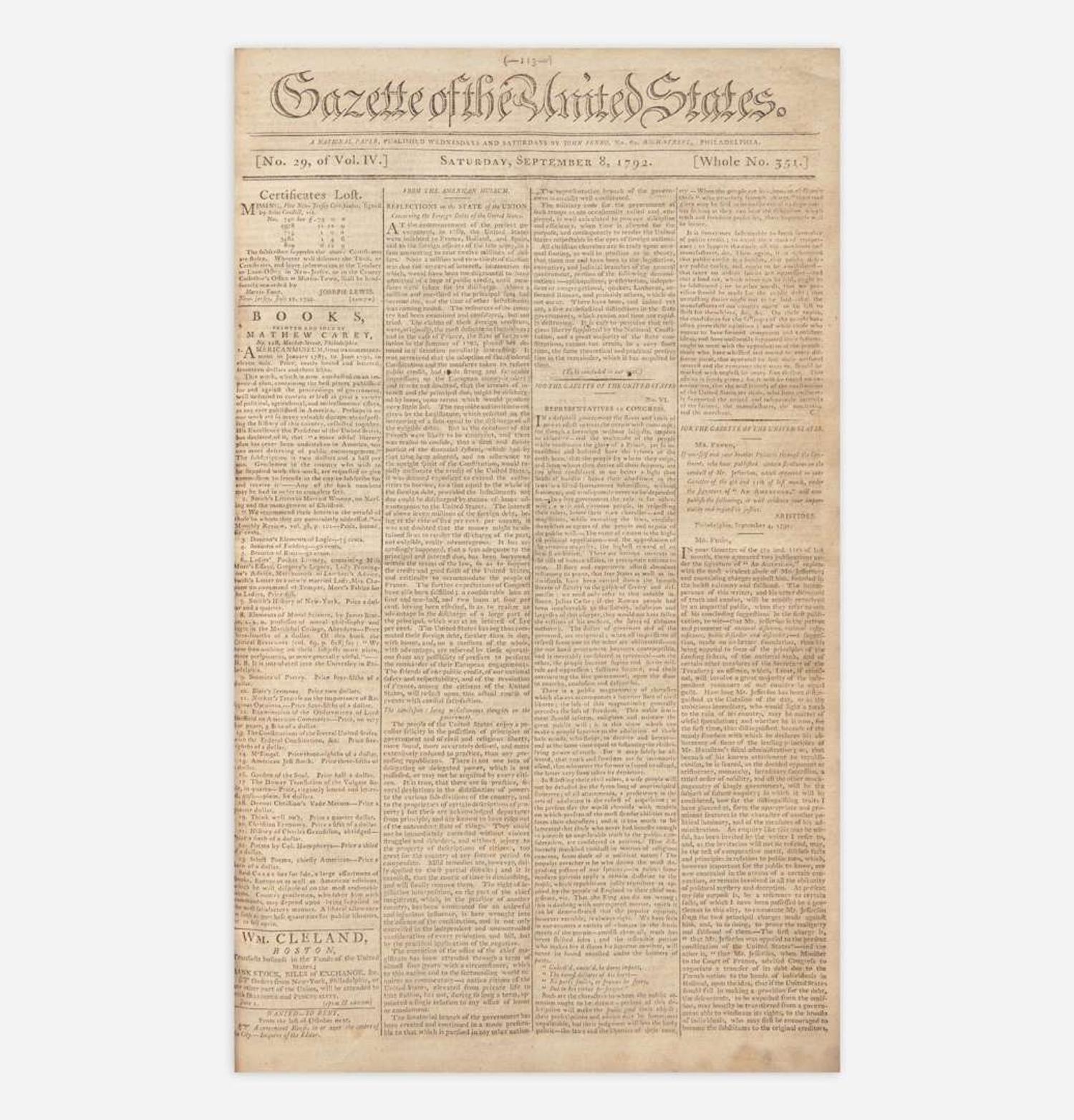 [Hamilton, Alexander, and Thomas Jefferson and George Washington, et al.] [Pacificus-Helvidius] 131 Issues of the Gazette of the United States