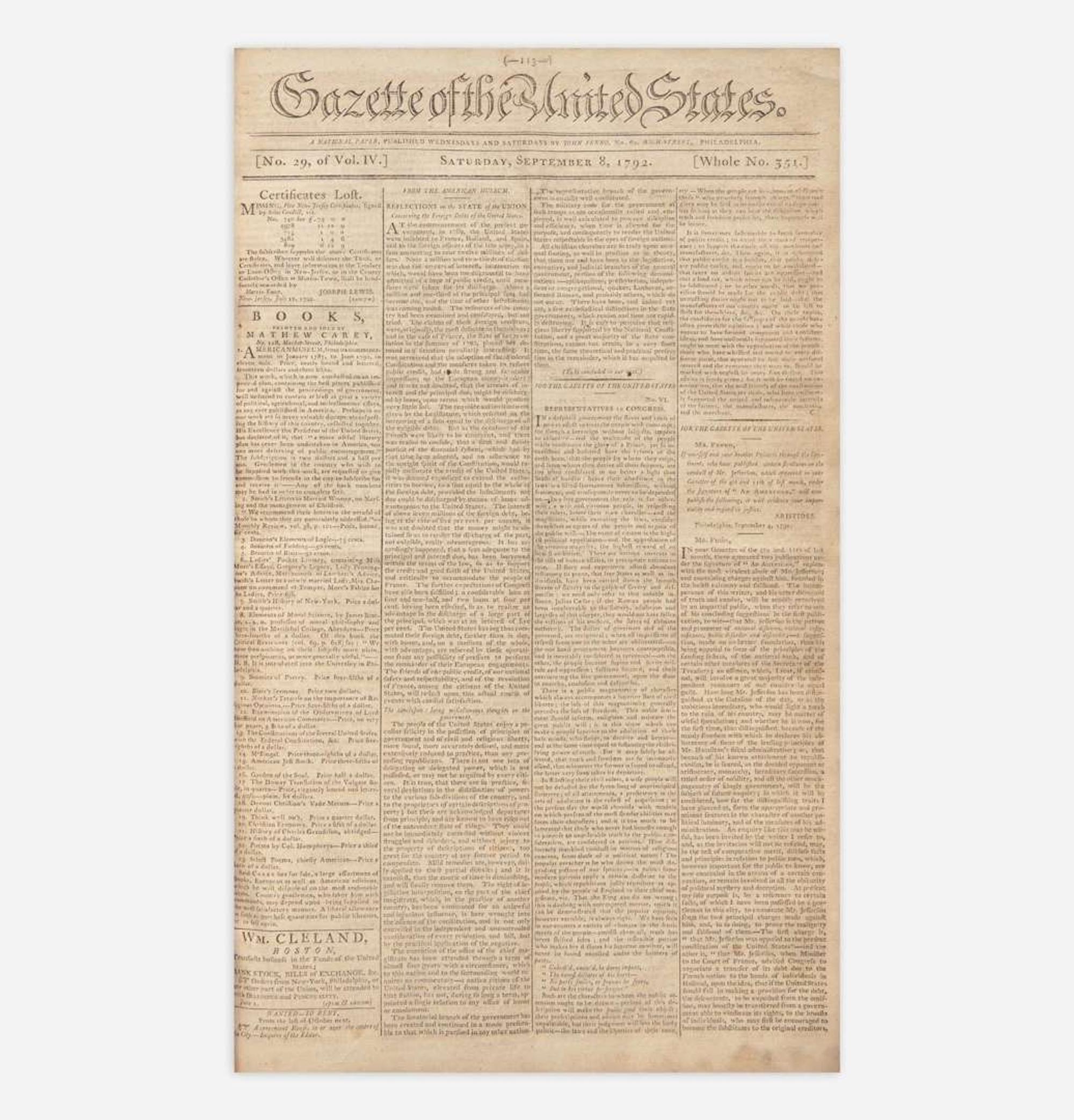 [Hamilton, Alexander, and Thomas Jefferson and George Washington, et al.] [Pacificus-Helvidius] 131 Issues of the Gazette of the United States