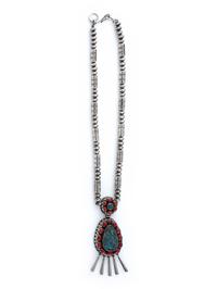 Sterling Silver Necklace, with Cluster Pendant set with Red Mountain Turquoise and Coral