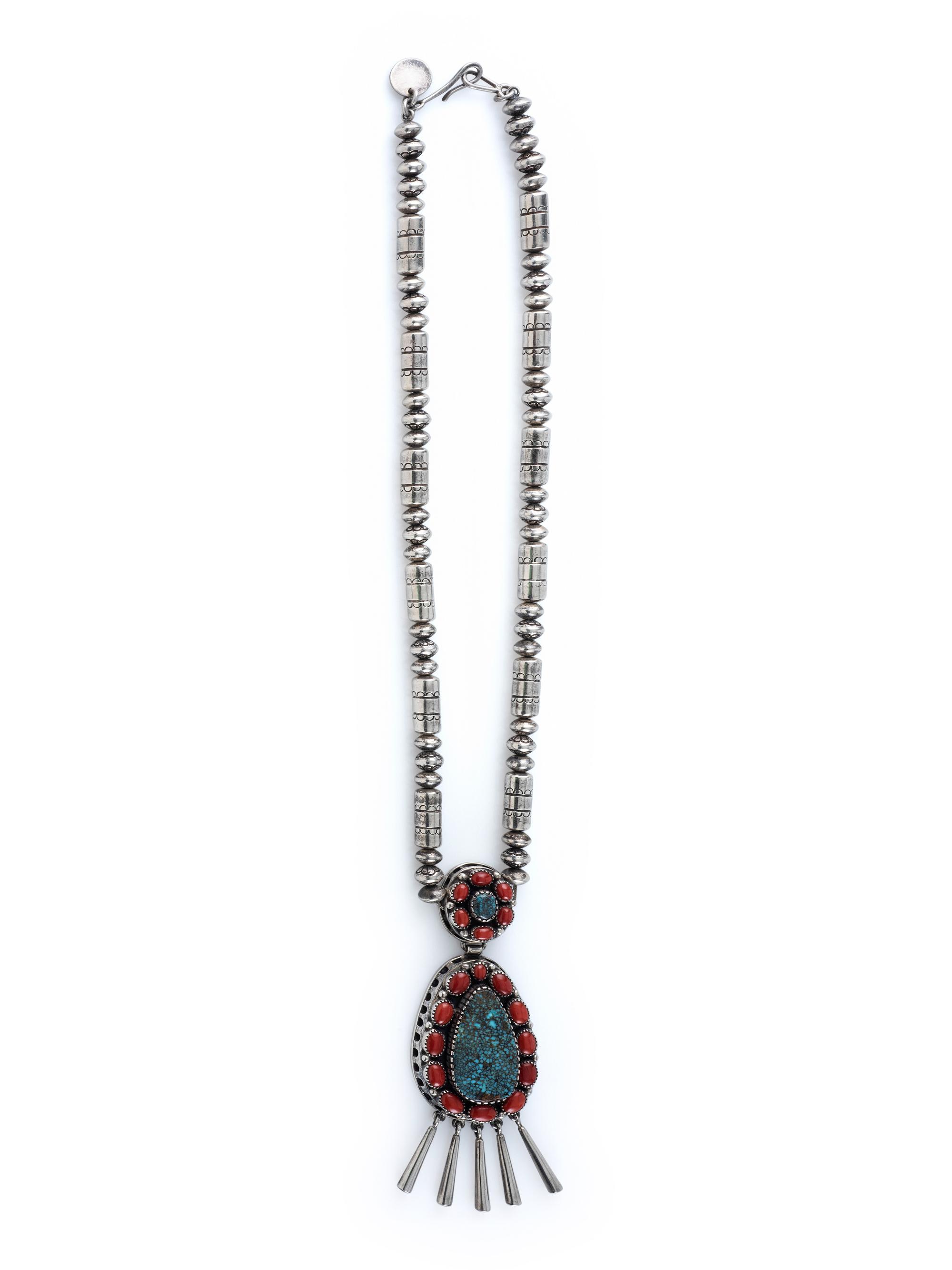 Sterling Silver Necklace, with Cluster Pendant set with Red Mountain Turquoise and Coral