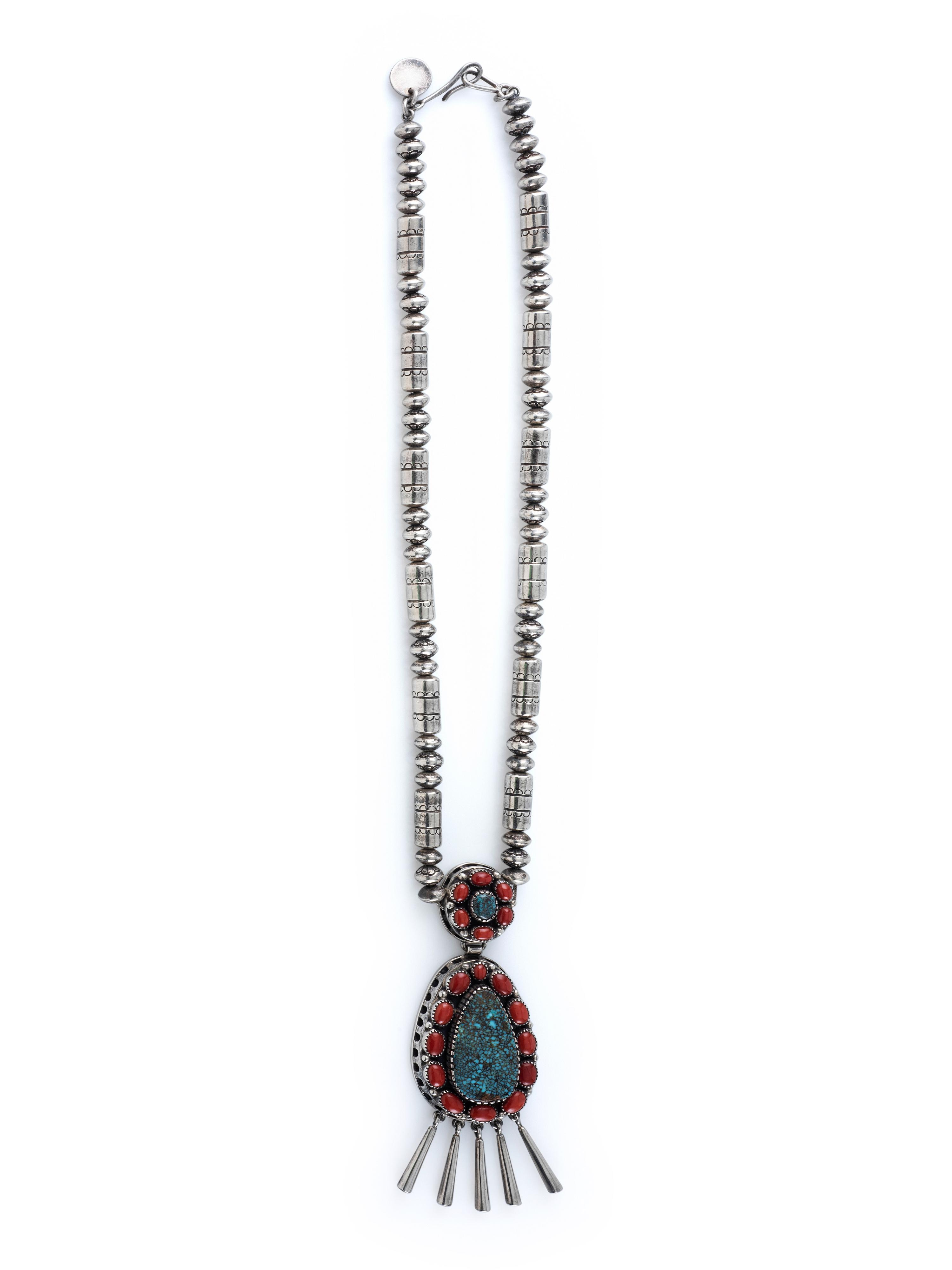 Sterling Silver Necklace, with Cluster Pendant set with Red Mountain Turquoise and Coral