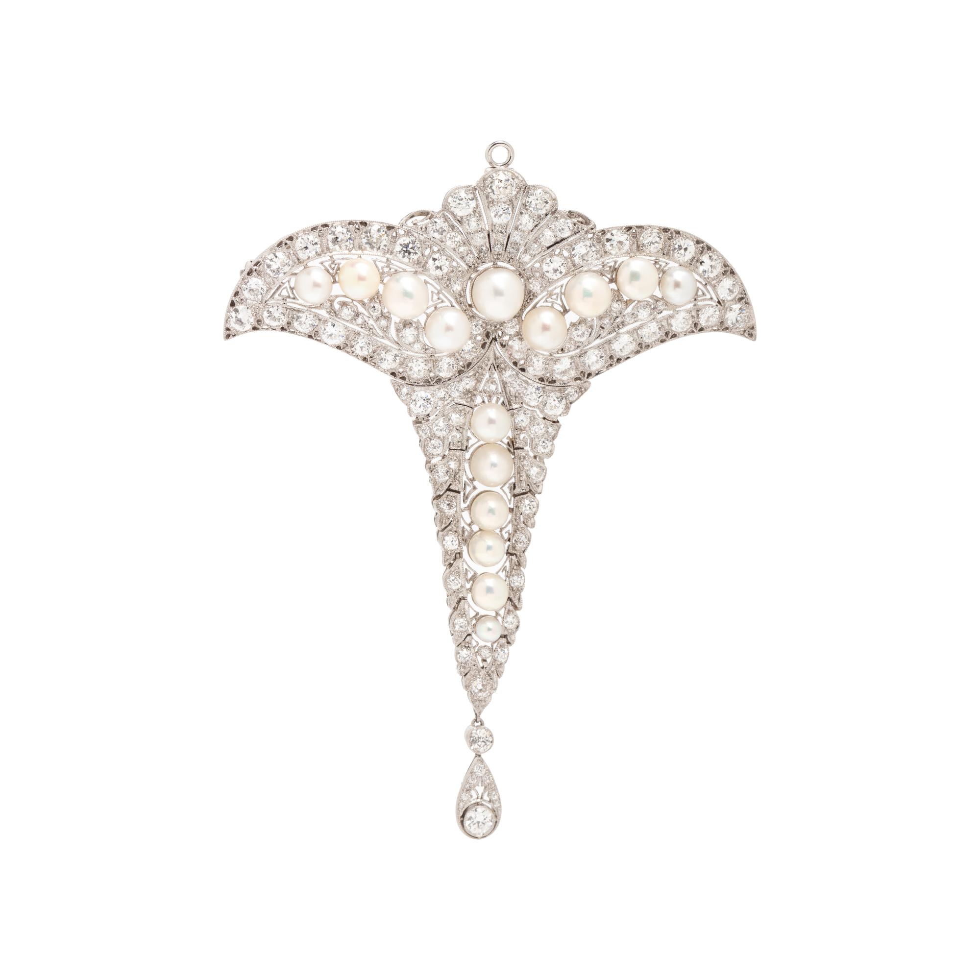 EDWARDIAN, NATURAL PEARL, DIAMOND AND PLATINUM BROOCH
