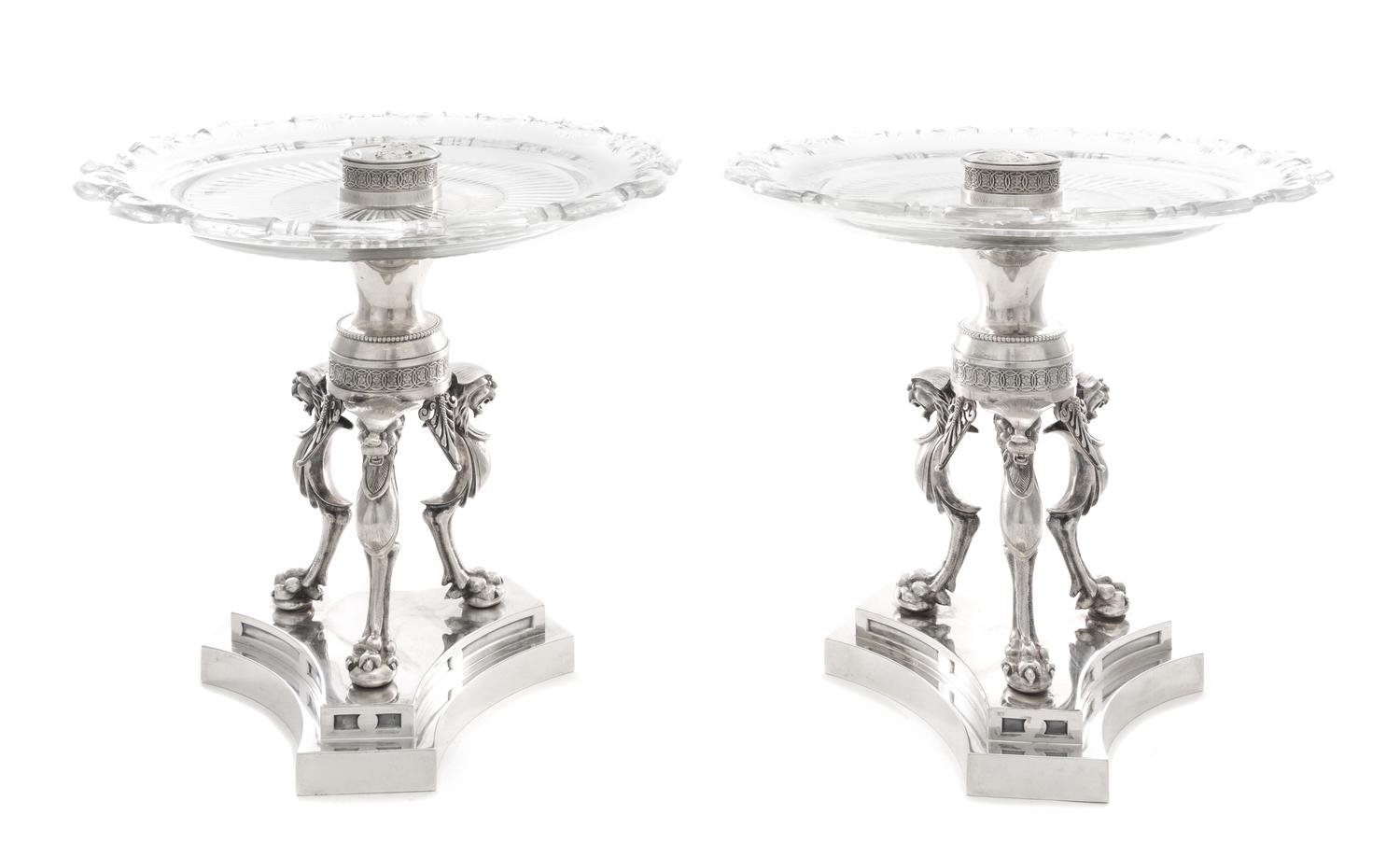 A Pair of American Glass Mounted Silver Tazze, Tiffany & Co., New York, NY, Circa 1860, the glass tops secured by a silver cap each bea