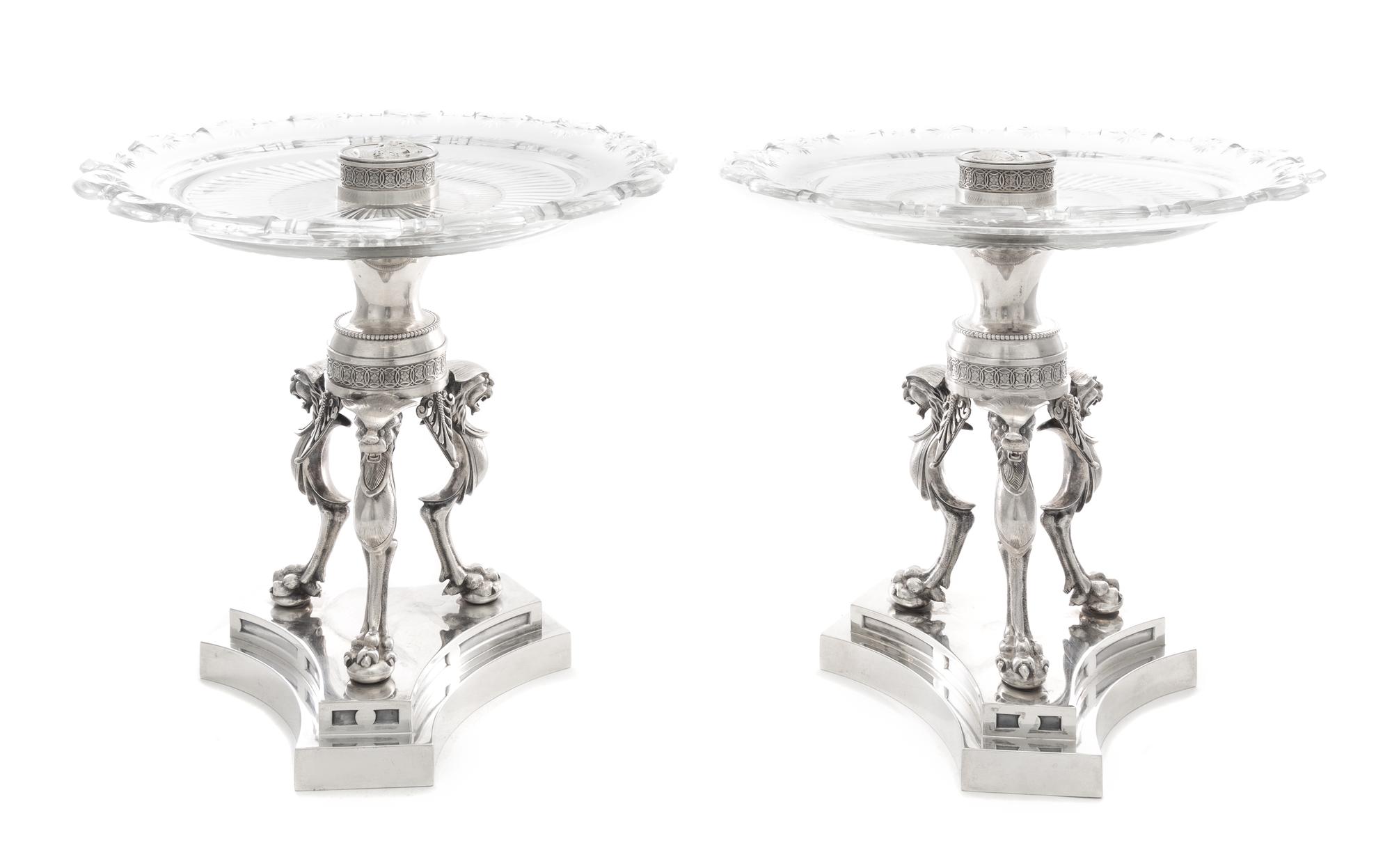 A Pair of American Glass Mounted Silver Tazze, Tiffany & Co., New York, NY, Circa 1860, the glass tops secured by a silver cap each bea