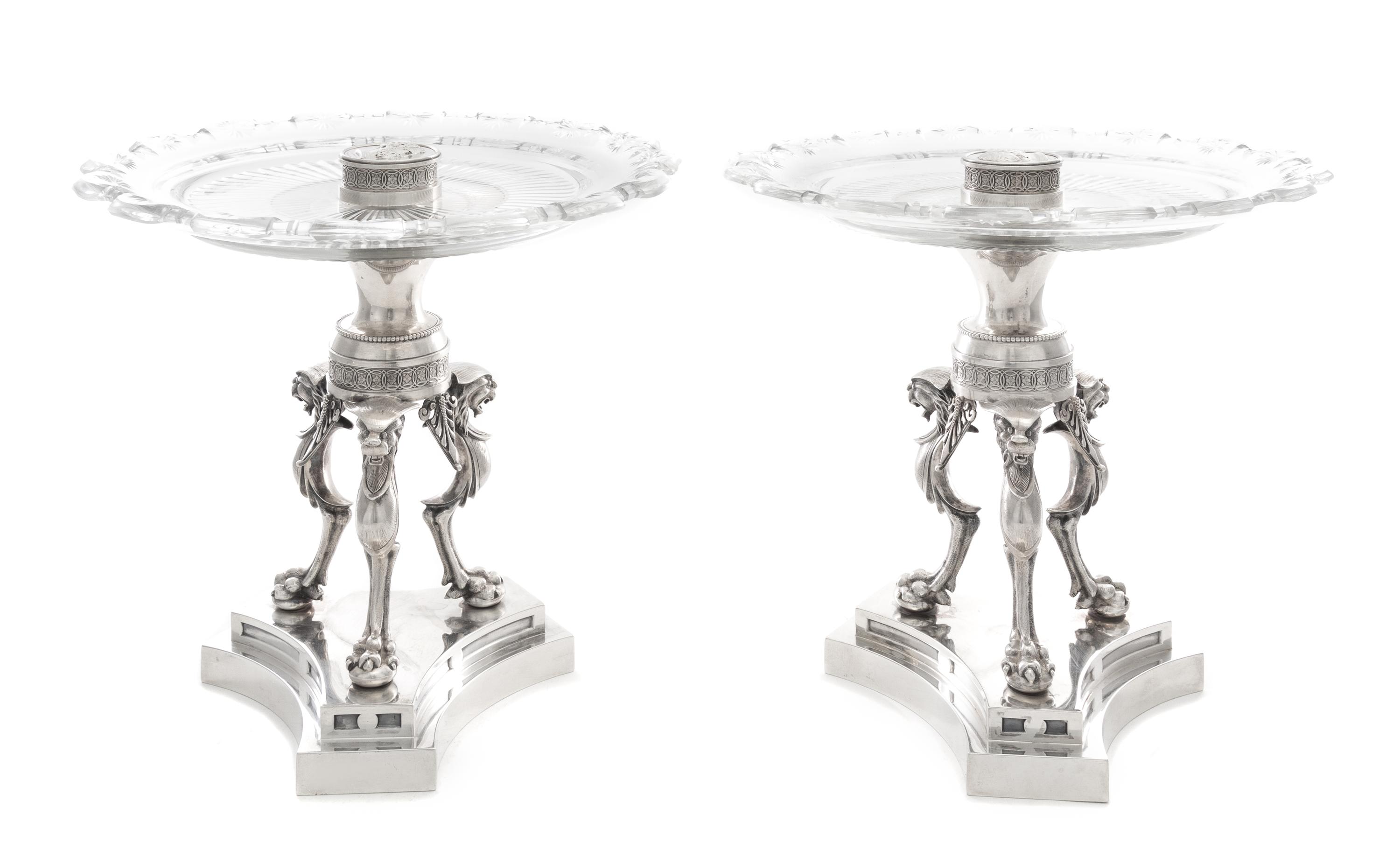 A Pair of American Glass Mounted Silver Tazze, Tiffany & Co., New York, NY, Circa 1860, the glass tops secured by a silver cap each bea