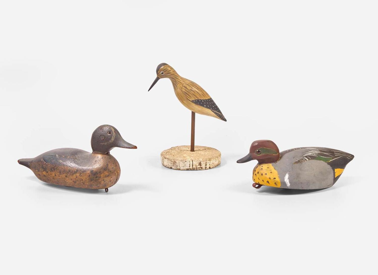 A group of three carved and painted game and shorebird decoys, 20th century