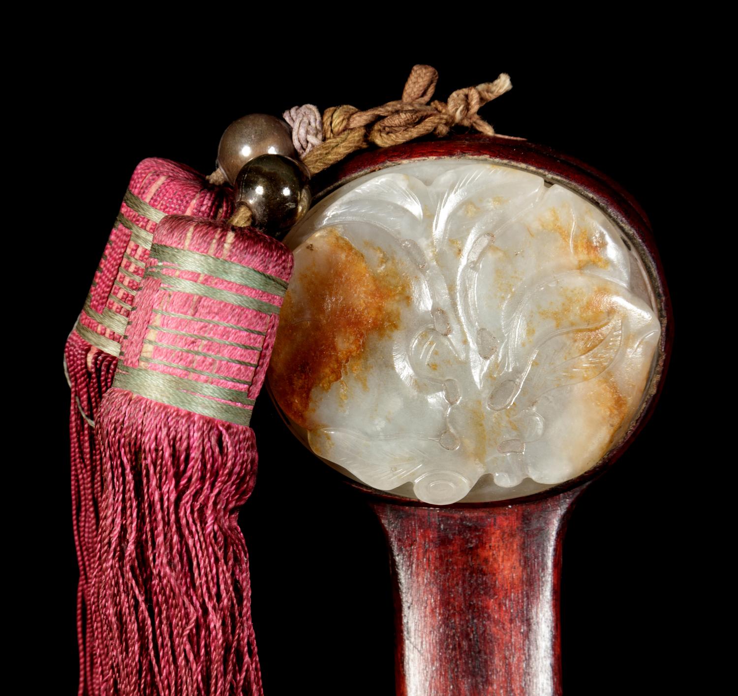A Chinese Russet and Celadon Jade Inset Hardwood Ruyi Scepter