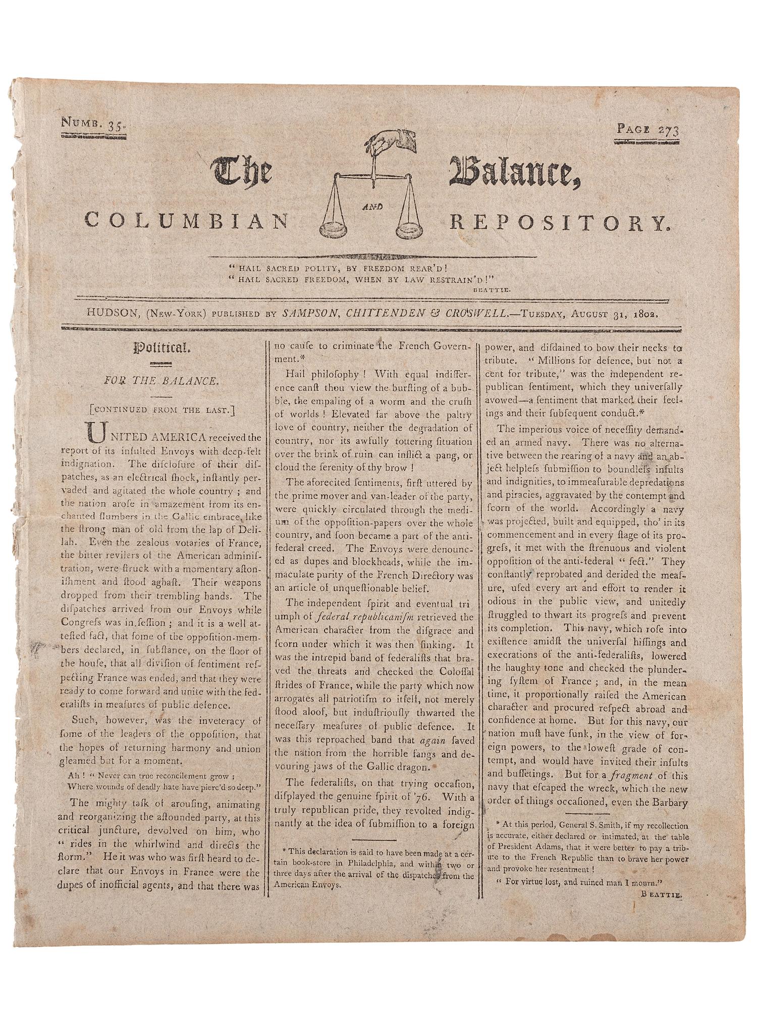 [SLAVERY & ABOLITION]. Advertisements for the return of freedom seekers published in 13 issues of The Balance, and Columbian Repository . Nos. 20-43. Hudson, NY: Sampson, Chittenden & Croswell. 18 May-26 October 1802.