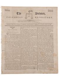[SLAVERY & ABOLITION]. Advertisements for the return of freedom seekers published in 13 issues of The Balance, and Columbian Repository . Nos. 20-43. Hudson, NY: Sampson, Chittenden & Croswell. 18 May-26 October 1802.