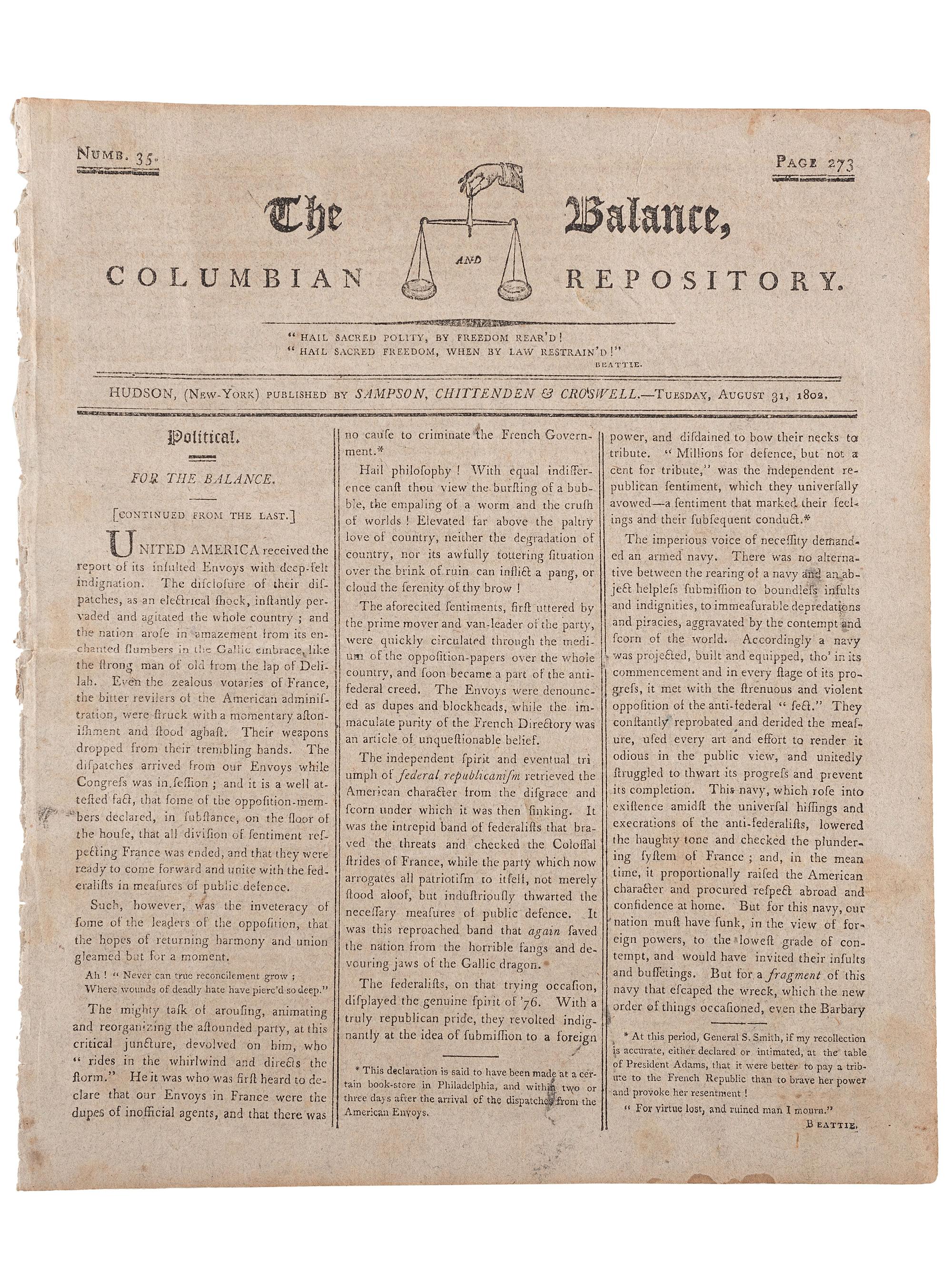 [SLAVERY & ABOLITION]. Advertisements for the return of freedom seekers published in 13 issues of The Balance, and Columbian Repository . Nos. 20-43. Hudson, NY: Sampson, Chittenden & Croswell. 18 May-26 October 1802.