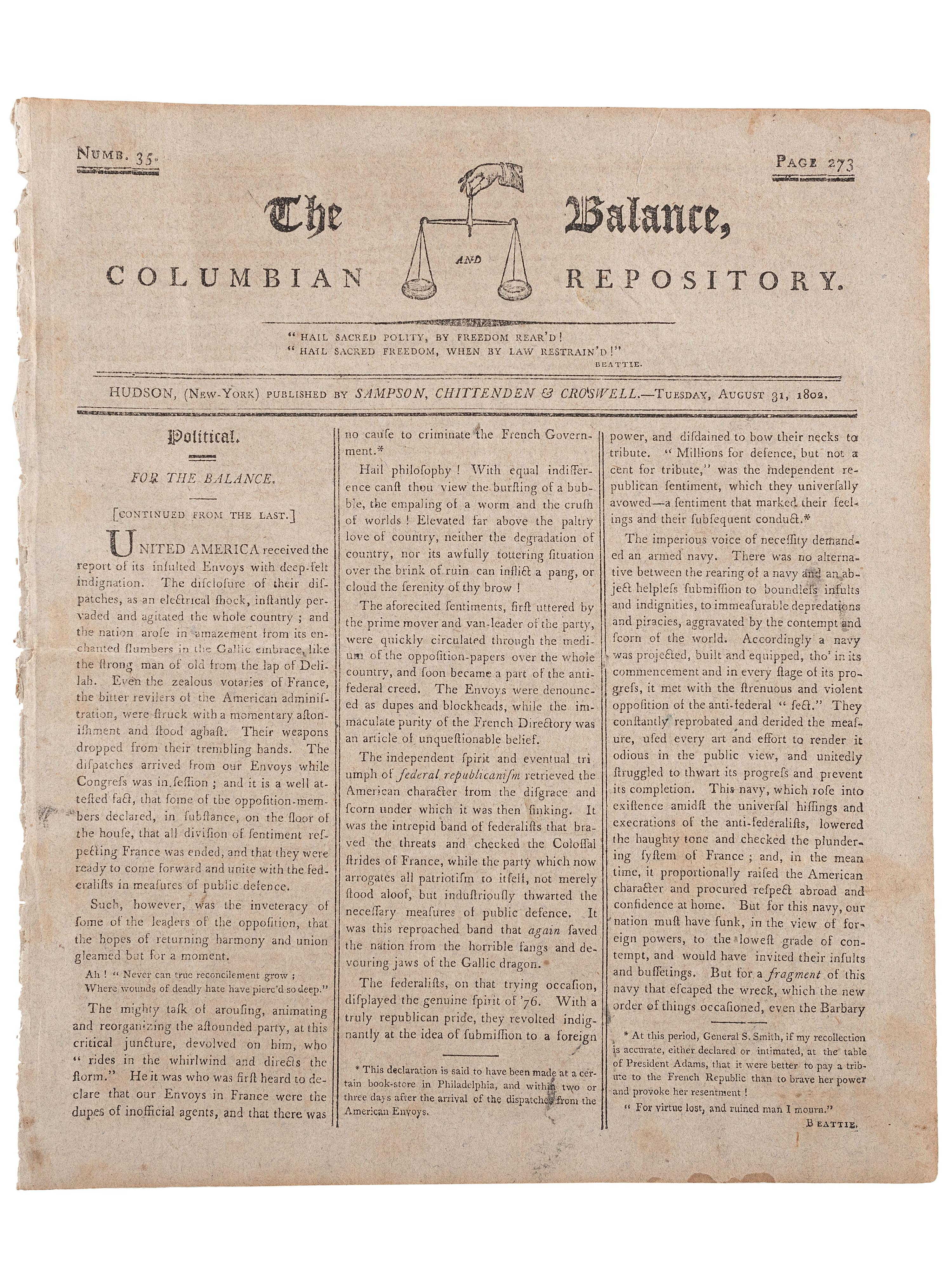 [SLAVERY & ABOLITION]. Advertisements for the return of freedom seekers published in 13 issues of The Balance, and Columbian Repository . Nos. 20-43. Hudson, NY: Sampson, Chittenden & Croswell. 18 May-26 October 1802.