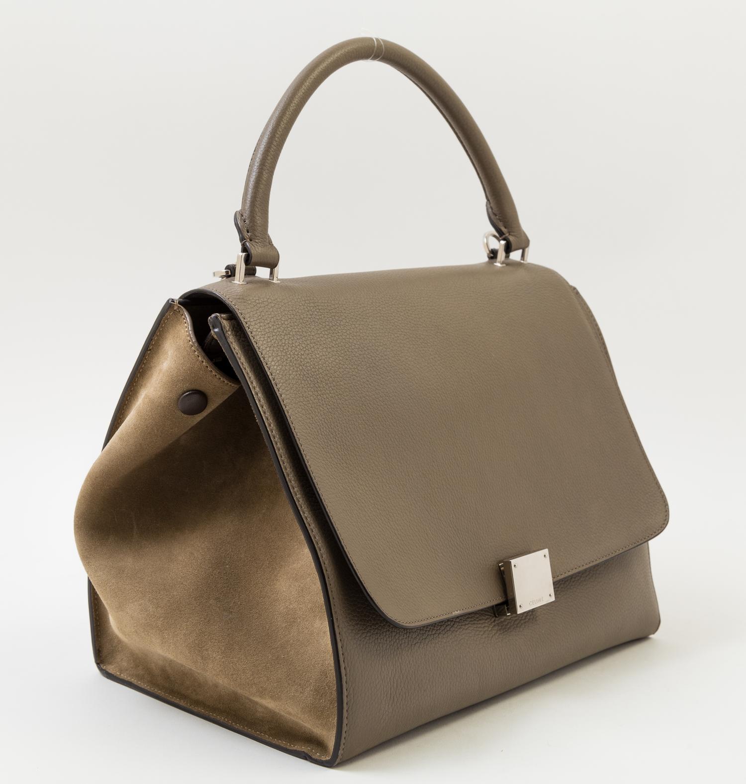 A Celine Taupe Leather and Suede Medium Trapeze Handbag, 11.5"- 20" L x 9" H x 7"- 9" W; Top handle: 4.5"; Strap drop: 15".