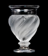 A Lalique Molded and Frosted Glass Vase Height 5 3/4 inches.