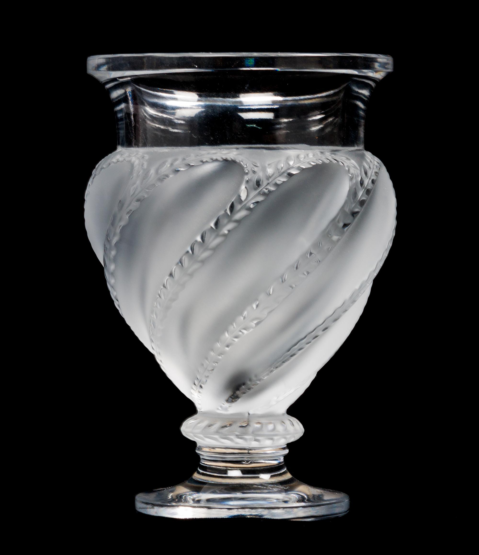 A Lalique Molded and Frosted Glass Vase Height 5 3/4 inches.